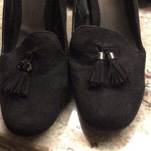 Ann Marino black suede high heeled pumps with front tassel in size 8